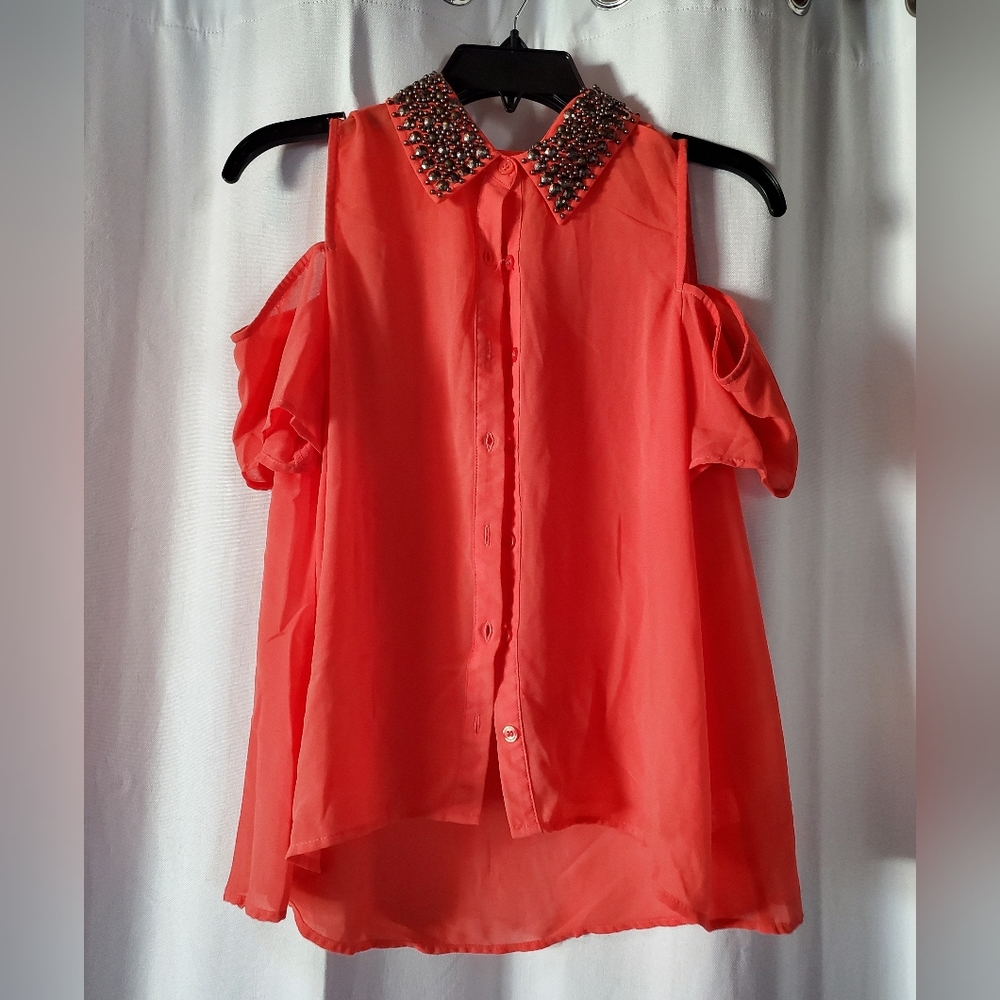 LUSH Coral Rhinestone Collar off-shoulder Chiffon blouse